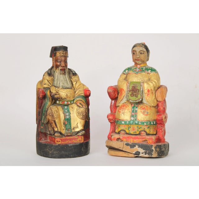 Pair of Chinese Wood Carved Polychrome and Gilt Decorated Figures For Sale - Image 12 of 12