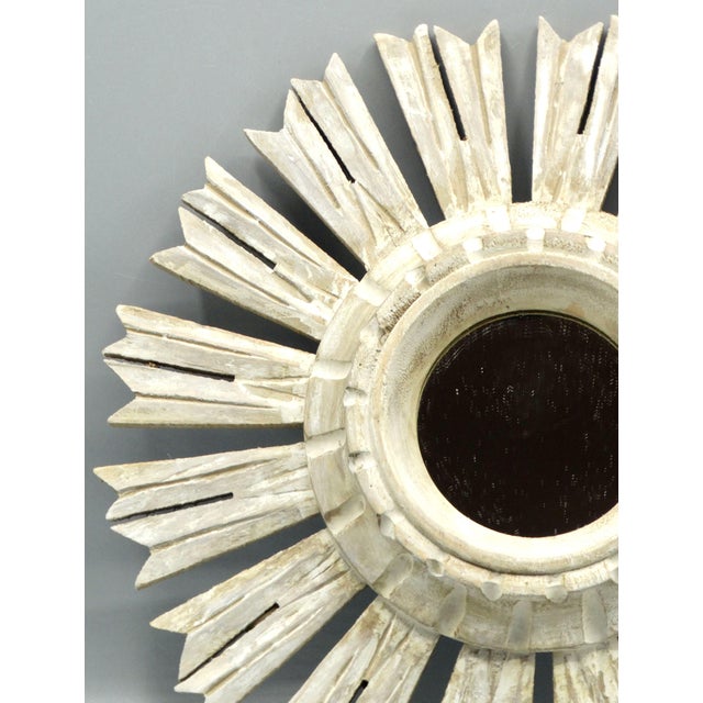 Hollywood Regency Organic White-Washed Carved Wood Sunburst Mirror For Sale - Image 3 of 11