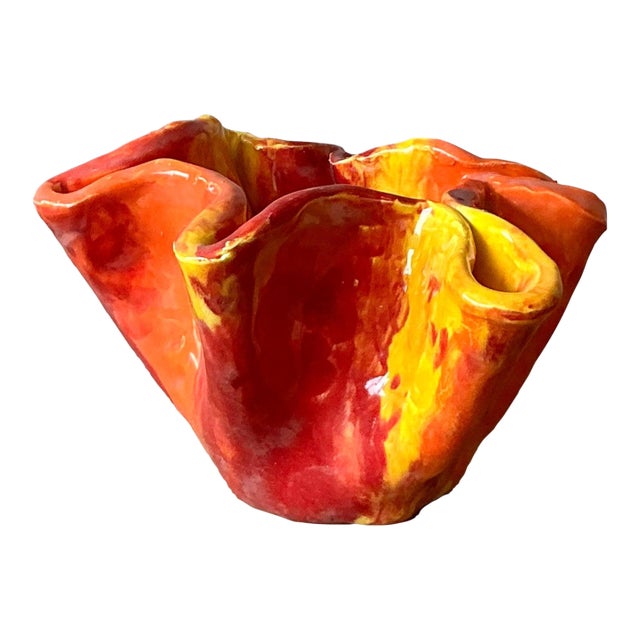 Vintage Boho Ruffle Stripe Studio Pottery Bowl For Sale