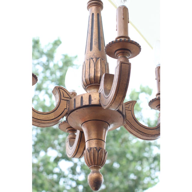 Wood French Neoclassical Five-Light Carved Wood Chandelier with Aged Gold Finish, 1950 For Sale - Image 7 of 8