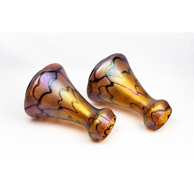 Amber-Orange Vases in Iridescent Molded Glass with Wavy Relief Decor from Pallme-König & Habel, Bohemia, 1900s, Set of 2 For Sale - Image 5 of 11