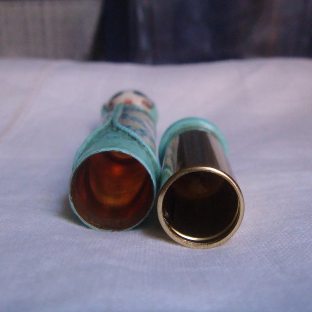 Blue Vintage Figural Lady Cosmetic Lipstick Case Mexico Unsigned For Sale - Image 8 of 12