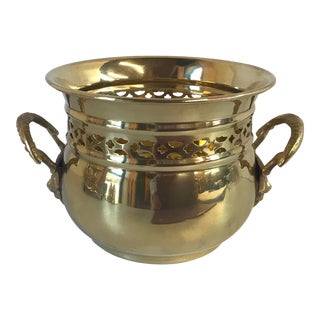 Vintage Brass Round Planter With Lion’s Mask Handles For Sale