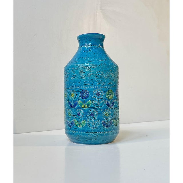 Turquoise Rimini-Blue Stoneware Vase with Sunflowers by Aldo Londi for Bitossi, 1960s For Sale - Image 8 of 9