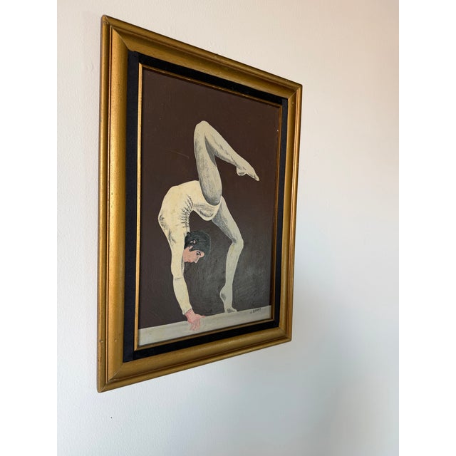Mid-Century Modern 1970s Vintage J. Banas Figurative Acrobat Dancer Oil on Artist Board Painting, Framed For Sale - Image 3 of 13