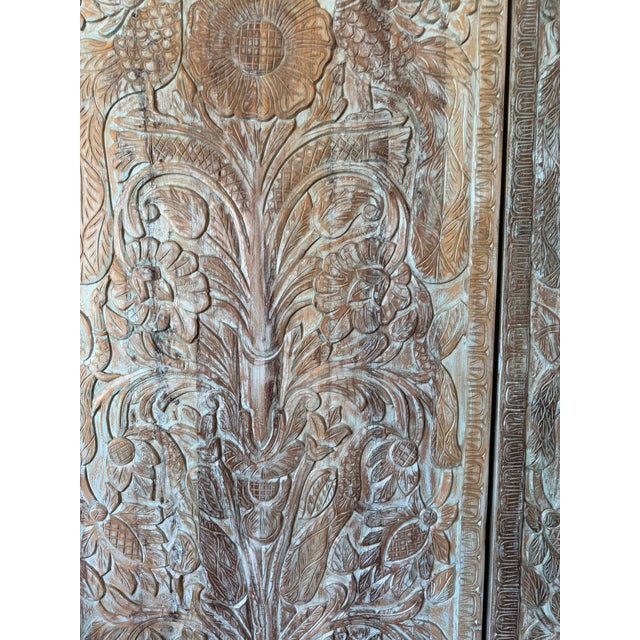 1920s Hand-Carved Tree of Life Wall Panel – Blue Washed Rustic Wood Art, Vintage Barn Door 80 For Sale - Image 5 of 8