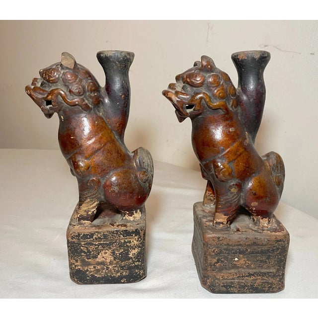 Antique Handmade Late Ming Dynasty 1600's Pottery Foo Lion Oil Lamps Sculptures For Sale In New York - Image 6 of 13