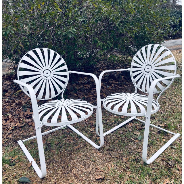 pair of francois carre cantilever garden rocking chair, in semi-gloss white c.1930’s French art deco wrought iron & spring...