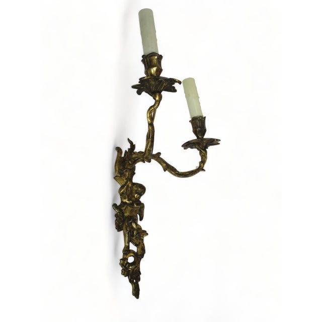 French Late 19th Century French Bronze Double Candle Sconce Electrified Louis XV Style Gilt Bronze Cherub Ormolu Dore Antique For Sale - Image 3 of 12