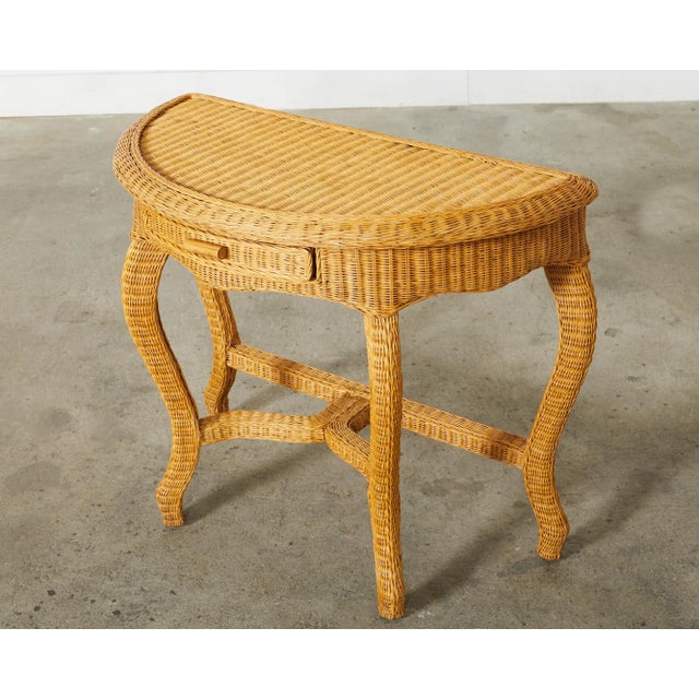 Tan French Midcentury Organic Modern Wicker Demilune Console For Sale - Image 8 of 12
