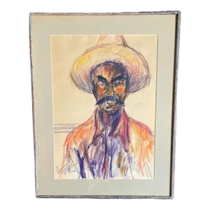 Vintage Mixed Media Portrait of a Mustachioed Man With a Hat, Circa 1970’s