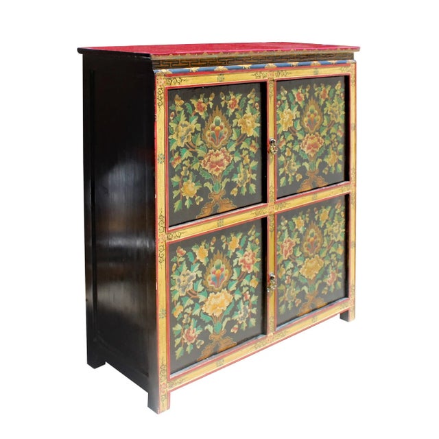 Chinese Tibetan Treasure Color Flower Graphic Storage Cabinet For Sale - Image 4 of 8