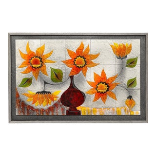 Modernist Ceramic Tile Wall Plaque of Sunflowers Signed Gilbert Valentin For Sale