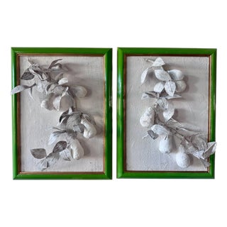 Paper Mache & Plaster Pear Branches Set in Green Lacquer Frames, a Pair For Sale