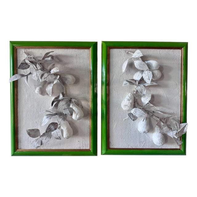 Paper Mache & Plaster Pear Branches Set in Green Lacquer Frames, a Pair For Sale