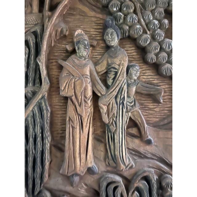 Authentic Hand-Carved Wood Triptych  1960s Chinoiserie Wall Art For the discerning collector, this is a magnificent...
