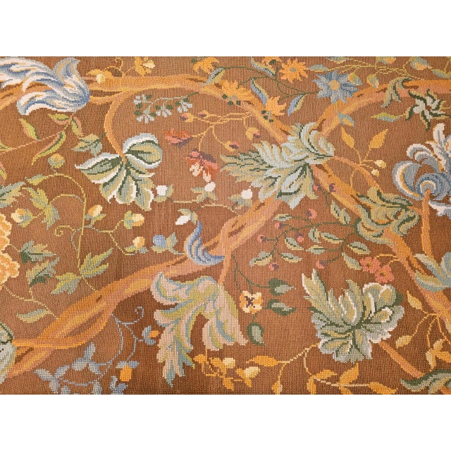 Vintage French Needlepoint Runner, Handwoven Wool, Tree of Life Pattern, Brown & Blue, 4’ X 15’ For Sale - Image 11 of 17