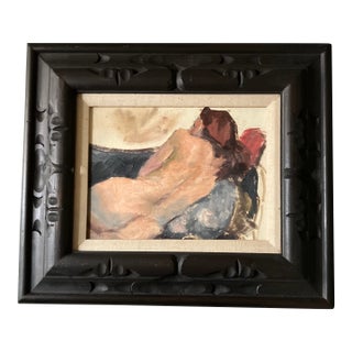 1970’s Original Vintage Modernist Female Nude Painting Chunky Carved Wood Frame For Sale