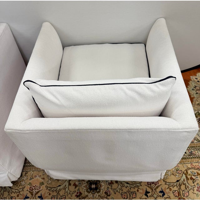 Textile Pair of Serena & Lily White Slipcovered Swivel Club Chairs For Sale - Image 7 of 10
