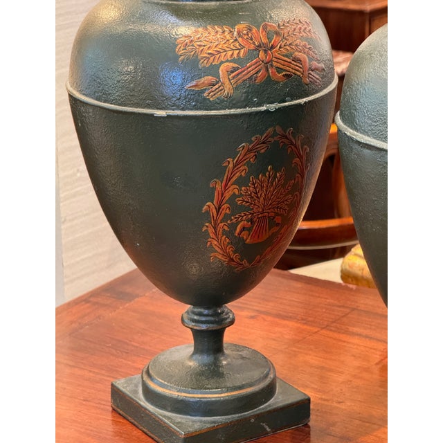 Pair of Neoclassical Tole Urns For Sale - Image 9 of 11