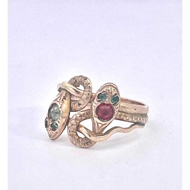 Antique Victorian 14k Yellow Gold Double Snake Ring With Gemstones, Size 6.5 For Sale - Image 4 of 14