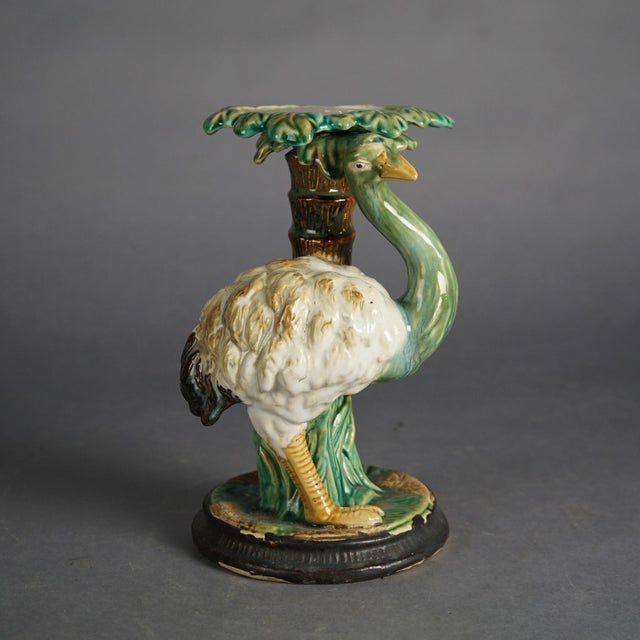Antique Style Figural Majolica Pottery Crumpet Stand with Emu & Palm Tree, 20th Century For Sale - Image 6 of 10