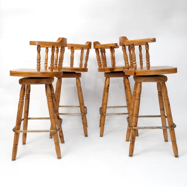 1980s Set of 4 Knotty Pine Swivel Captain’s Bar Stools With Saddle Seats For Sale - Image 4 of 8