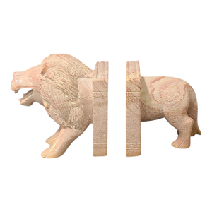 Late 20th Century Hand Carved Italian Marble Lion Bookends- a Pair