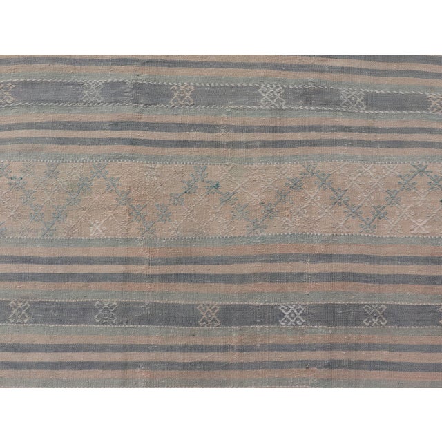 Textile Vintage Turkish Flat-Weave Kilim With Embroideries in Blue, Brown, and Cream For Sale - Image 7 of 16