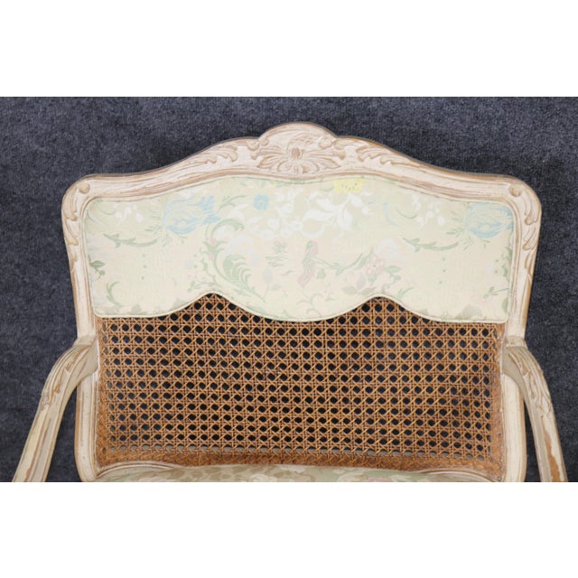 Pair Louis XV Style French Cream Distressed Painted Cane Back Armchairs For Sale In Philadelphia - Image 6 of 16