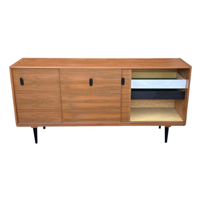 Mid-Century Modern Teak Buffet Credenza With Sliding Doors & Adjustable Shelves For Sale