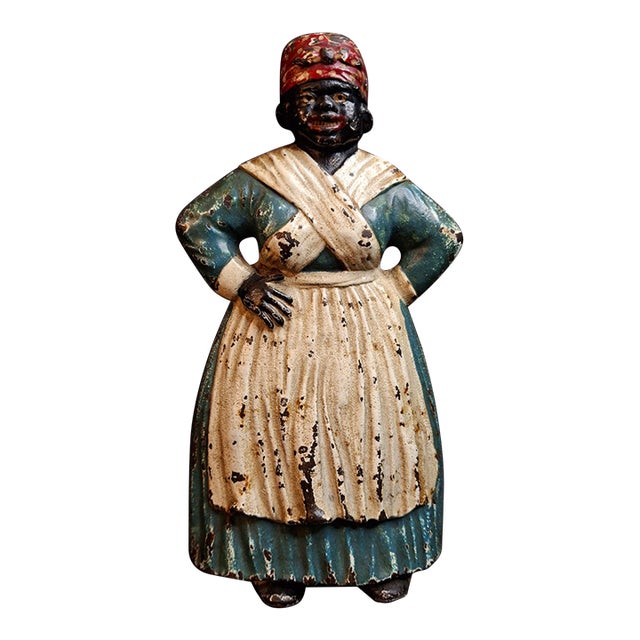 Antique Cast Iron Woman Hands on Hips Doorstop Original Paint 1920s Albany Foundry Americana For Sale