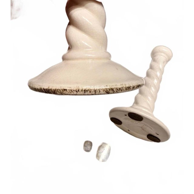 Vintage Anthony Freeman McFarlin Candlesticks - Pair of White Ceramic Twist Candle Holders With Original Foil Labels For Sale - Image 9 of 9