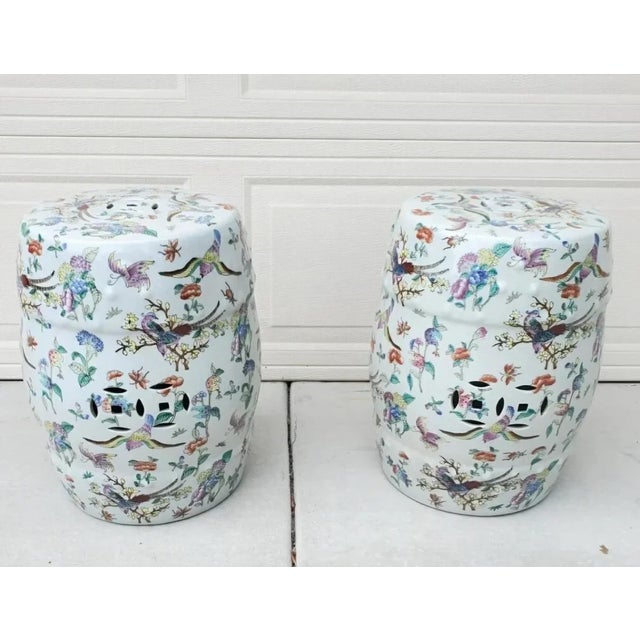 Ceramic Pair of 20th Century Chinoiserie Famille Rose Floral and Fauna Porcelain Barrel-Form Garden Stools/Seats For Sale - Image 7 of 12