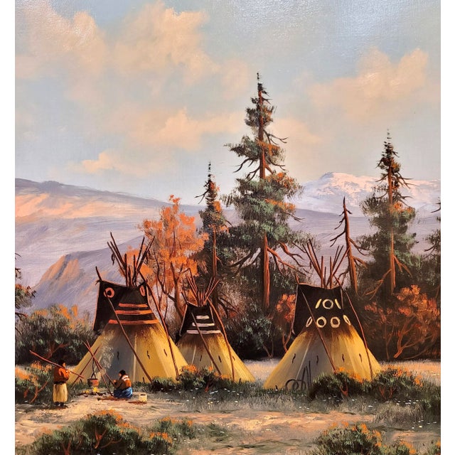 1970s Heinie Hartwig -Indian Camp W/Teepees in the Rocky Mountains-Oil Painting For Sale - Image 5 of 10