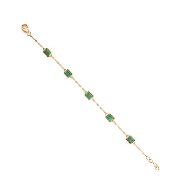 2.96ct Zambian Emerald Link & Chain Bracelet in 14k Solid Yellow Gold For Sale