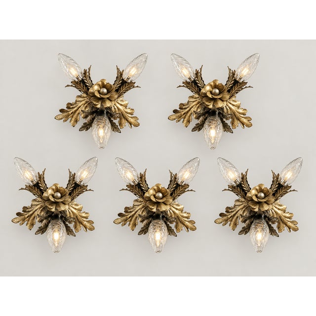 Very rare set of 5 silver-plated, hand-forged, three-light banci firenze florentine ceiling lights/wall...