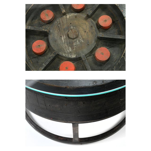 Wooden Coffee Table with Glass Top and Cast Iron Base For Sale - Image 4 of 5