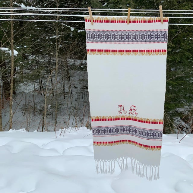 Antique French Linen Torchon - Red Striped Kitchen Towel With Hand-Stitched Monogram For Sale - Image 12 of 12