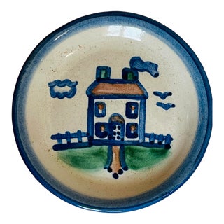 M a Hadley Pottery 4.25 " Trinket Dish Coaster Country Scene Blue House Signed For Sale