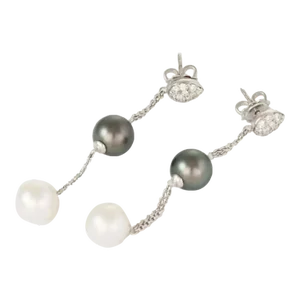 Diamond Gray Tahitian & White Pearls 18k Gold Double Chain Dangle Earrings - 2 Pieces