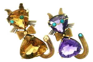 1950s Mid-Century 18k Gold Amethyst, Citrine and Turquoise Cat Brooch Pair