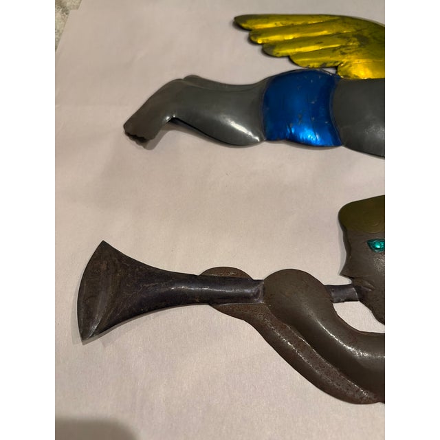 Folk Art Vintage Painted Tin Trumpeting Angels in Mexican Folk Art Style — Pair For Sale - Image 3 of 10