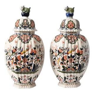 Polychrome Delft Vases by Louis Fourmaintraux, Set of 2 For Sale