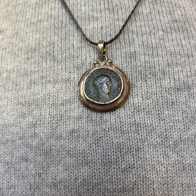 Antique Roman Coin Pendant W Smooth Silver Bezel Setting For Sale - Image 9 of 11
