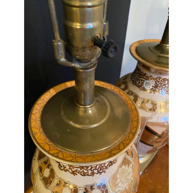 Metal Japanese Asian Satsuma Hand Painted Vintage Lamps - A Pair For Sale - Image 7 of 11