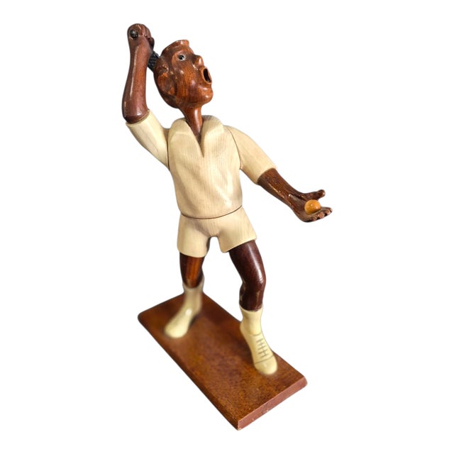Vintage Desk Top Italian Wood Carving Sculpture Tennis Player 12'' High For Sale