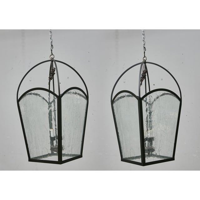 Pair of Large French 1900s Iron Lanterns with Rippled Glass, Rewired for USA For Sale - Image 4 of 12