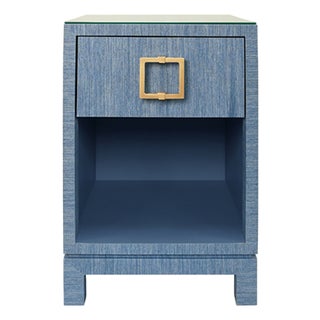 Matthew Izzo Home Blair Light Blue Dyed Grasscloth One Drawer Square Side Table With Brass Hardware and Glass Top For Sale