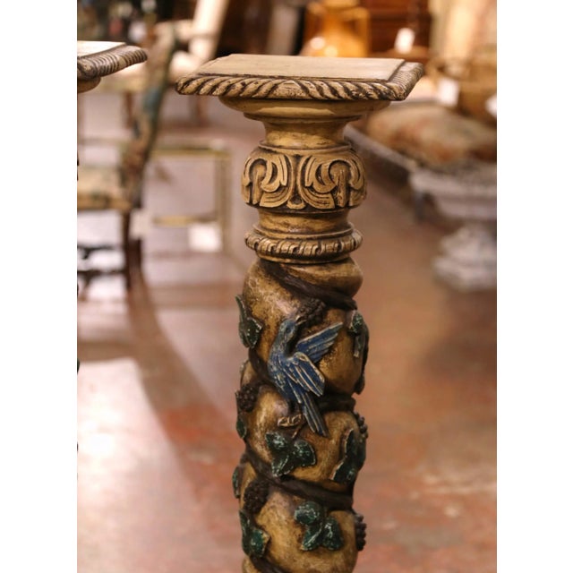 Pair of 18th Century French Carved Polychrome Pedestals With Birds & Grapevines For Sale In Dallas - Image 6 of 12